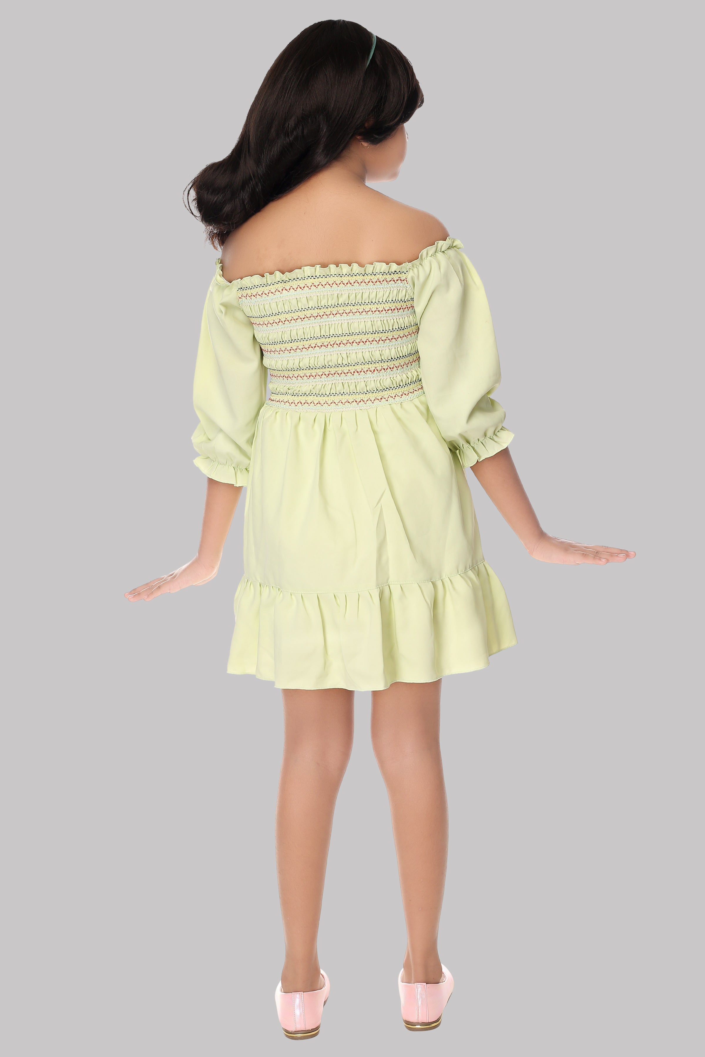 Toonyport Solid Design Off Shoulder Lycra Frock Dress for Girls - Light Green