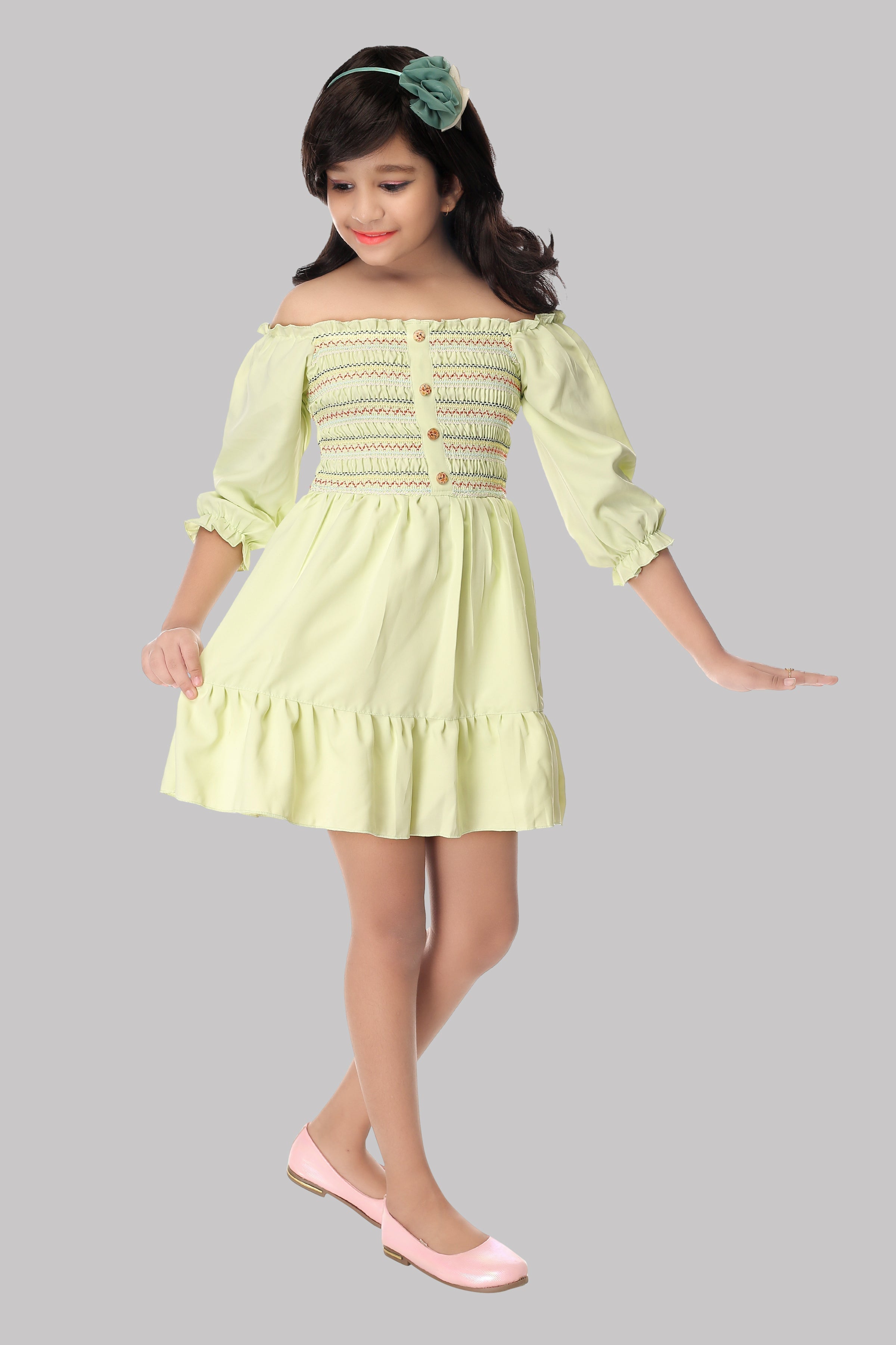 Toonyport Solid Design Off Shoulder Lycra Frock Dress for Girls - Light Green